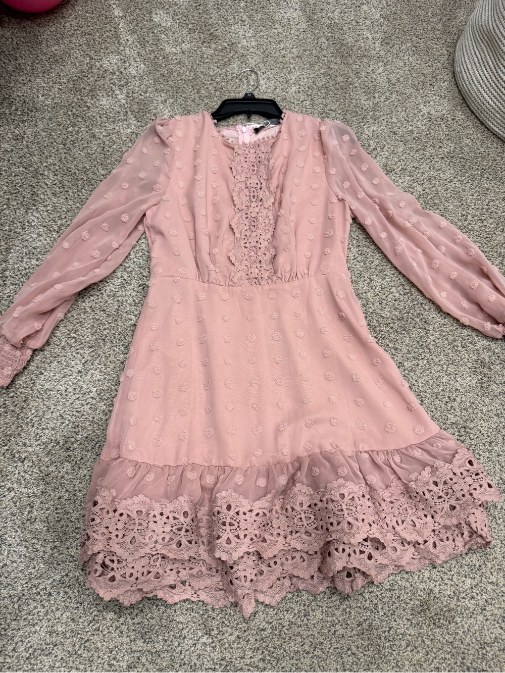 Simplee Dusty Pink Lace-Trim Tiered Long Sleeve Dress